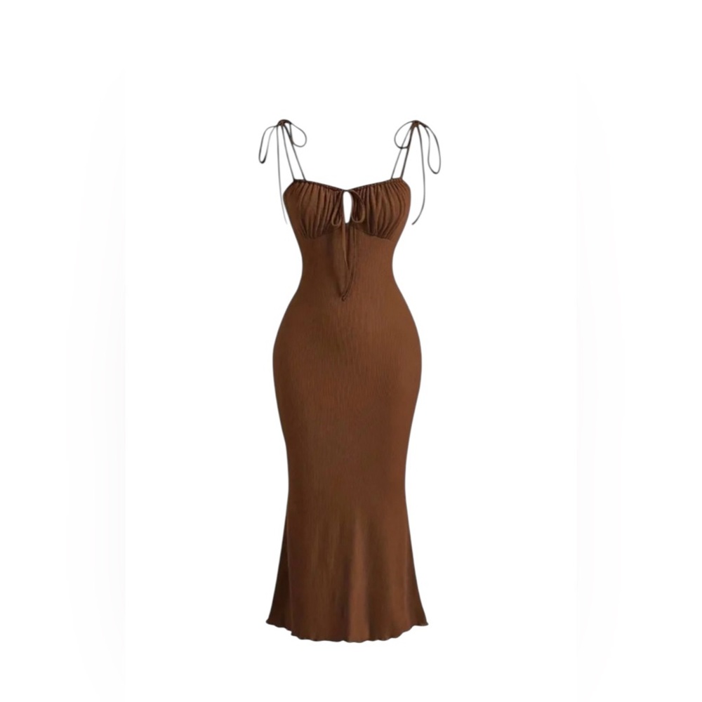 Brown Tie-Shoulder Midi Dress